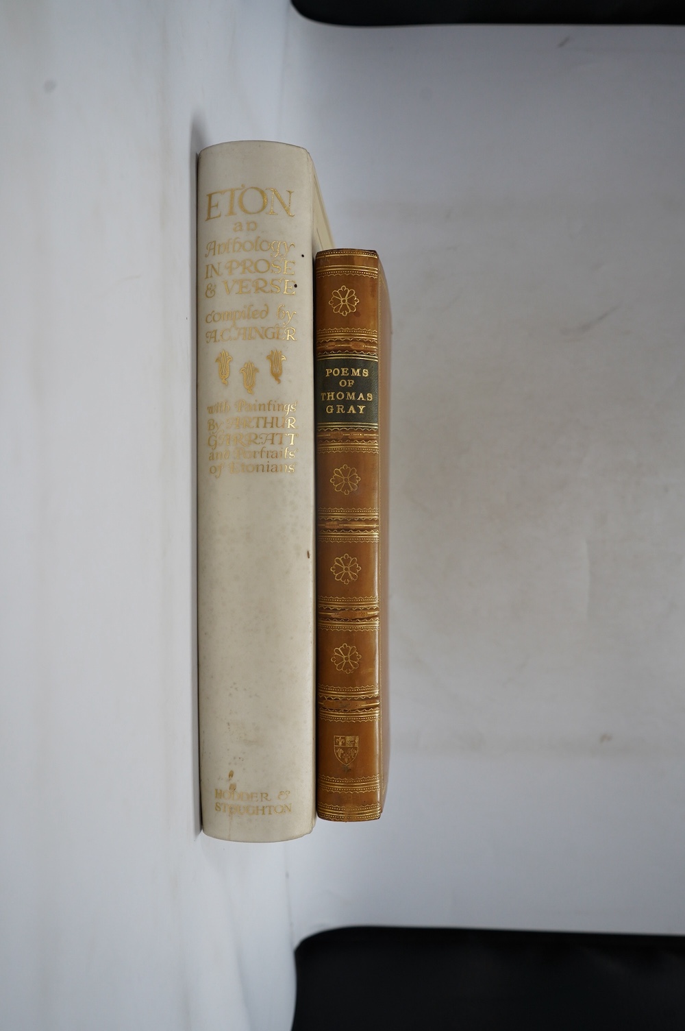 Gray, Thomas - Poems, with 4 black and white plates, contemporary gilt-decorated calf bound by Spottiswoode & Co. Ltd, a college prize book, title and portrait frontis badly spotted, Eton College Press, 1902 and Ainger,